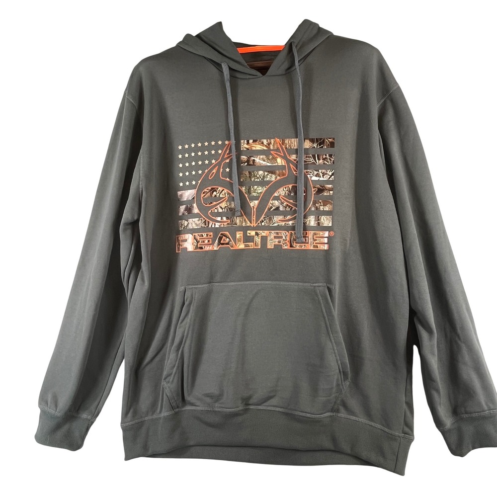Realtree Gray Hunting Hoodie Mens L Fleece Camo Flag Graphic Outdoor Pullover